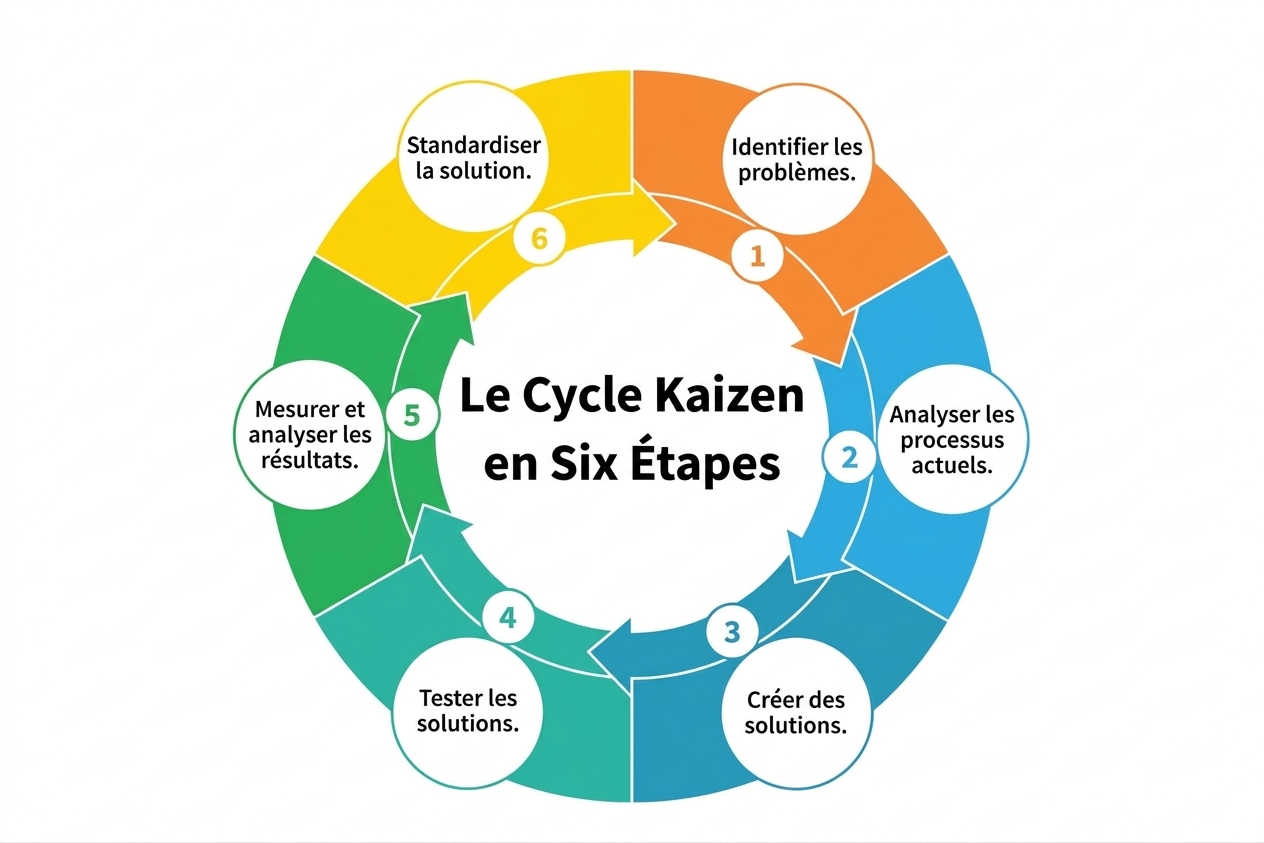 Schéma du cycle Kaizen en six étapes : identifier les problèmes, analyser les processus, créer et tester des solutions, mesurer, standardiser