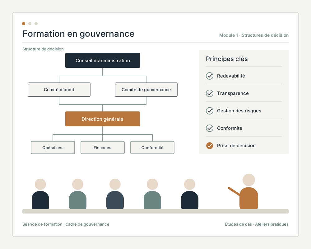 Formation en gouvernance : organigramme du conseil d'administration aux comités et à la direction, et principes clés (redevabilité, transparence, gestion des risques, conformité)